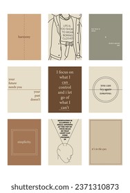 Set of positive social media quotes, motivation posters on trendy abstract background in neutral colors, vector illustration