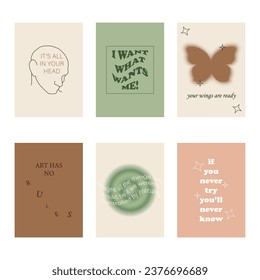 Set of positive social media quotes, motivation posters on trendy abstract background in neutral colors, vector illustration