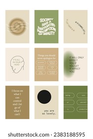 Set of positive social media quotes, motivation posters on trendy abstract background in neutral colors.