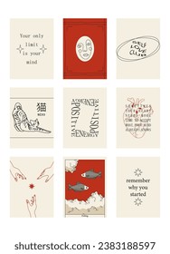 Conjunto de citas positivas de medios sociales, afiches motivacionales sobre fondo abstracto de moda en colores neutros (traducción de texto japonés: gato).