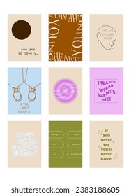 Set of positive social media quotes, motivation posters on trendy abstract background in neutral colors.