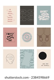 Set of positive social media quotes, motivation posters on trendy abstract background in neutral colors.