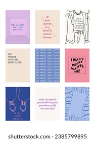 Set of positive social media quotes, motivation posters on trendy abstract background in neutral colors.