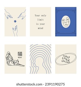 Set of positive social media quotes, motivation posters on trendy abstract background in neutral colors (Japanese text translation: cat).