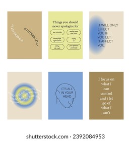 Set of positive social media quotes, motivation posters on trendy abstract background in neutral colors, vector illustration
