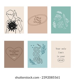 Set of positive social media quotes, motivation posters on trendy abstract background in neutral colors, vector illustration