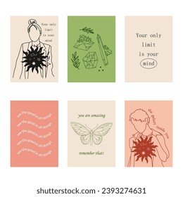 Set of positive social media quotes, motivation posters on trendy abstract background in neutral colors, vector illustration