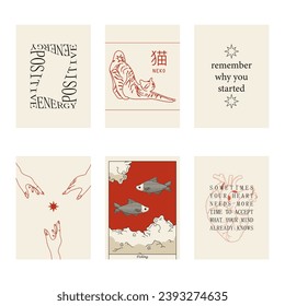 Conjunto de citas positivas de medios sociales, afiches motivacionales sobre fondo abstracto de moda en colores neutros, ilustración vectorial (traducción de texto japonés: gato).
