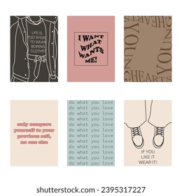 Set of positive social media quotes, motivation posters on trendy abstract background in neutral colors, vector illustration