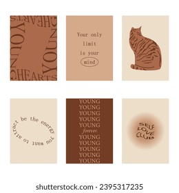 Set of positive social media quotes, motivation posters on trendy abstract background in neutral colors, vector illustration