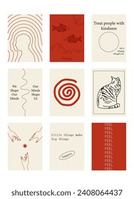 Set of positive social media quotes, motivation posters on trendy abstract background in neutral colors.