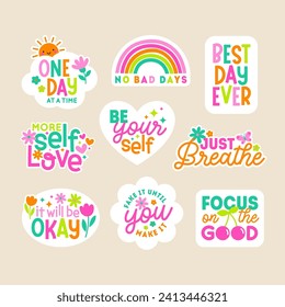 Conjunto de stickers o insignias de pensamiento positivo. Fomentar el diseño de letras entre comillas.