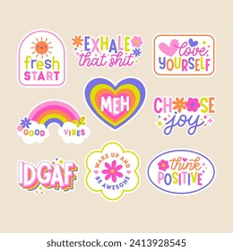 Conjunto de stickers o insignias de pensamiento positivo. Fomentar el diseño de letras entre comillas.