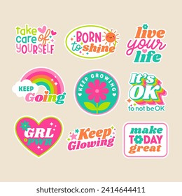 Conjunto de stickers o insignias de pensamiento positivo. Fomentar el diseño de letras entre comillas.