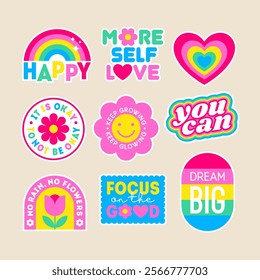 Set of positive thinking concept stickers design. Encourage quotes lettering with cute elements.