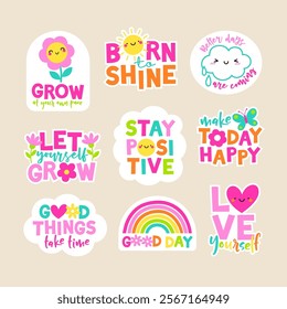 Set of positive thinking concept stickers design. Encourage quotes lettering with cute elements.