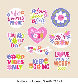 Set of positive thinking concept stickers design. Encourage quotes lettering with cute flower and heart.