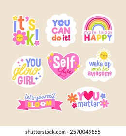 Set of positive thinking concept stickers design. Encourage quotes lettering with cute elements.