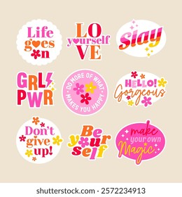 Set of positive thinking concept stickers design. Encourage quotes lettering with cute elements.