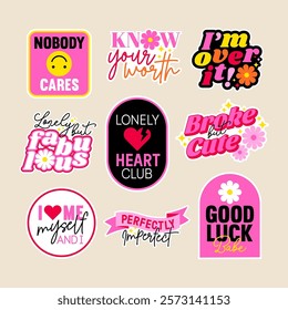 Set of positive thinking concept stickers design for feminism. Encourage quotes lettering with cute elements.