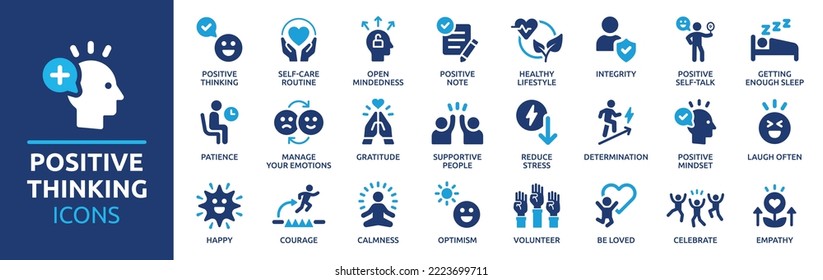 Set of positive thinking icon. Containing self-care, optimism, be loved, healthy lifestyle, happiness, positive mindset and more icons. Solid icon collection. Vector illustration. - Shutterstock ID 2223699711