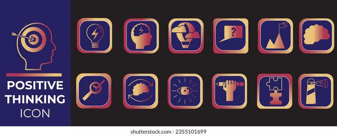 Set of positive thinking icon. Containing self-care, optimism, be loved, healthy lifestyle, happiness, positive mindset and more icons. Solid icon collection. Vector illustration.