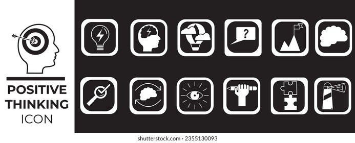 Set of positive thinking icon. Containing self-care, optimism, be loved, healthy lifestyle, happiness, positive mindset and more icons. Solid icon collection. Vector illustration.