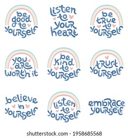 Set of positive thinking quotes promoting self worth and self care