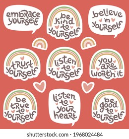 Set of positive thinking quotes promoting self worth and self care such as listen and be kind to yourself.