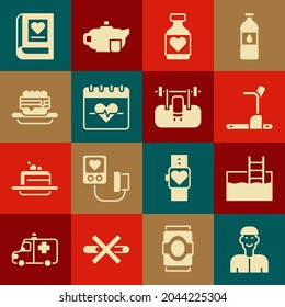 Pensamiento positivo, Piscina con escalera, Máquina Treadmill, Píldora de vitamina, Tarifa del corazón, Comida chatarra, Libro médico e ícono de la barbacoa del banco. Vector