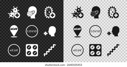Set Positive virus, Face in a medical protective mask, Corona 2019-nCoV, Pills blister pack, Virus, location and covid-19 icon. Vector