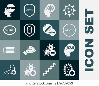 Set Positive virus, High human body temperature, Corona 2019-nCoV, Human and, Shield protecting from, Bar of soap, covid-19 and Medicine pill tablet icon. Vector