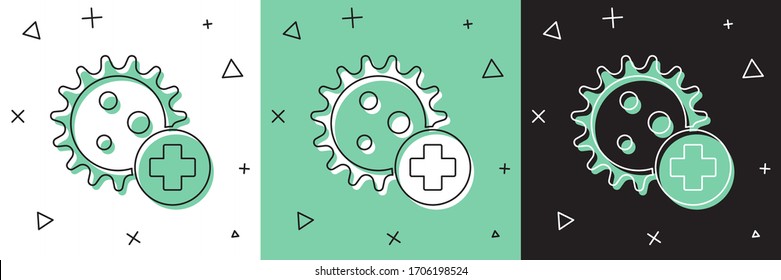 Set Positive Virus Symbol einzeln auf weißem und grünem, schwarzem Hintergrund. Corona-Virus 2019-nCoV. Bakterien und Keime, Zellkrebs, Mikrobe, Pilze. Vektorillustration-Illustration
