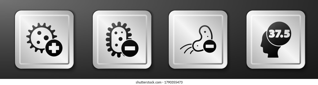 Establecer el virus positivo, el virus negativo, el virus negativo y el icono de alta temperatura corporal humana. Botón cuadrado plateado. Vector
