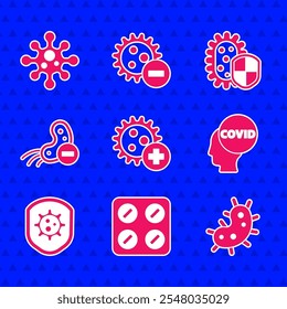 Set Positive virus, Píldoras en blister, Virus, Corona covid-19, Escudo de protección, Negativo e icono. Vector