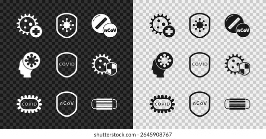 Defina vírus positivo, Escudo protegendo de, pílula de medicamento ou tablet, Corona covid-19, Máscara de proteção médica, Humano e ícone. Vetor