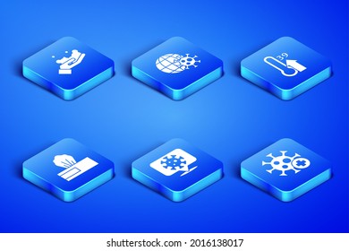 Set Positive virus, Washing hands with soap, Corona on location, Wet wipe pack, Earth globe and High human body temperature icon. Vector
