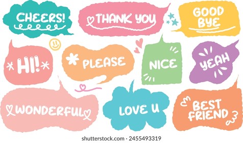 Set of positive words with colorful speech bubble. Compliment phase in variety abstract shape memo box, chat frame. Hand drawn style with crayon cute stickers label praise message. Cheers, love, best