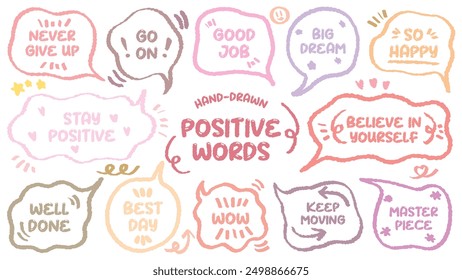 Set of positive words with colorful speech bubble. Compliment phase in variety abstract shape memo box, chat frame. Hand drawn style with crayon cute stickers label praise message. believe, Good job, 