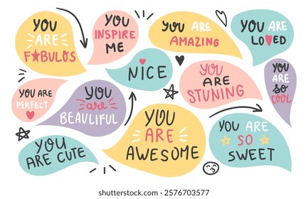 Set of positive words with colorful speech bubble. Compliment phase in variety abstract shape memo box, chat frame. Hand drawn style with crayon cute stickers label praise message.