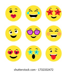 Set of positive yellow round emoticons. Set of happy emoji icons. Cartoon faces expressing different feelings. Vector illustration.