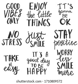 Set of posotive thinking quotes and expressions. Hand lettering phrases.