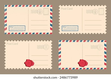 Set of post card letter envelope with shadow. Postcard letter template collection