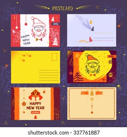 Set post card. New Year 2016. Vintage, painted by hand. Double-sided card with a monkey.