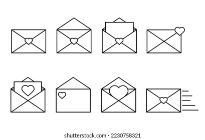 Set of post cards and envelopes.Love envelope icon.Mail icon set. Email icon vector. Love letter envelope.Valentine envelope.Open and closed letter.