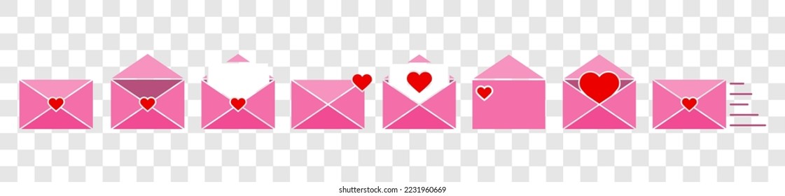 Set of post cards and envelopes.Love envelope icon.Mail icon set. Email icon vector. Love letter envelope.Valentine envelope.Open and closed letter.