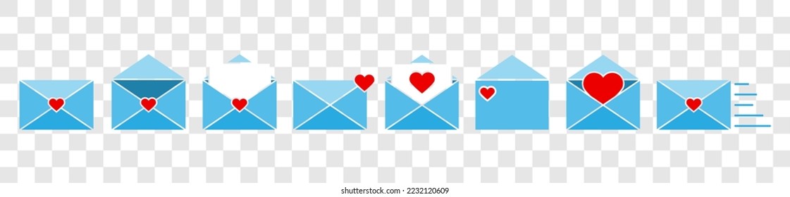 Set von Postkarten und Briefumschlägen.Love Umschlag Symbol.Mail Symbol Set. E-Mail-Icon-Vektorgrafik. Liebesbriefumschlag.Valentinumschlag.Offener und geschlossener Brief