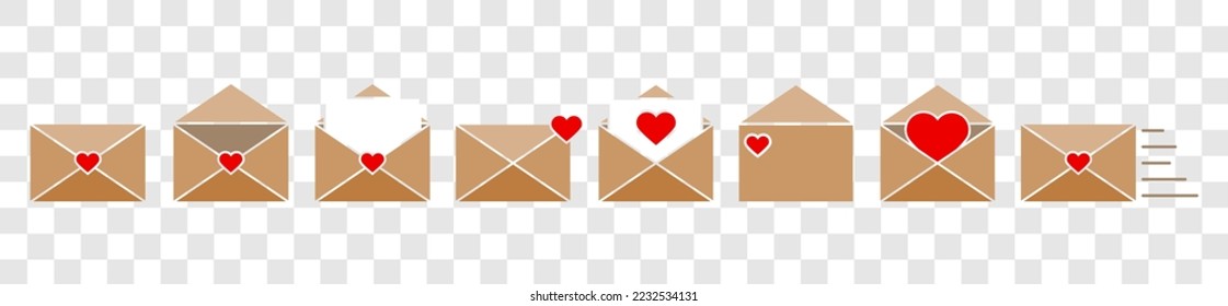 Set of post cards and envelopes.Love envelope icon.Mail icon set. Email icon vector. Love letter envelope.Valentine envelope.Open and closed letter.