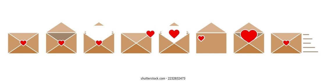 Set of post cards and envelopes.Love envelope icon.Mail icon set. Email icon vector. Love letter envelope.Valentine envelope.Open and closed letter.