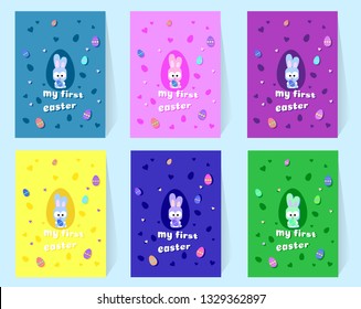 A set of post cards My First Easter with a cute little rabbit. Bunny and colorful eggs. 6 colors yellow, pink, purple, green, blue, purple. Silhouettes of eggs and hearts